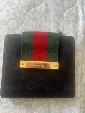 Gucci Black GG Canvas Wallet with Green and Red Web and Gold Plaque